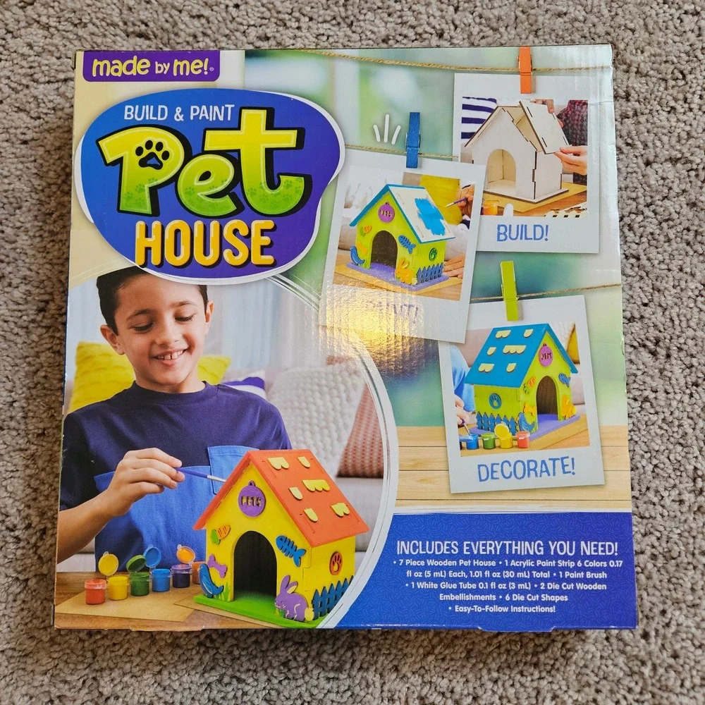 Made By Me Build Paint Pet House Craft Kit Wooden Shapes Paint‎ Brushes Glue NEW